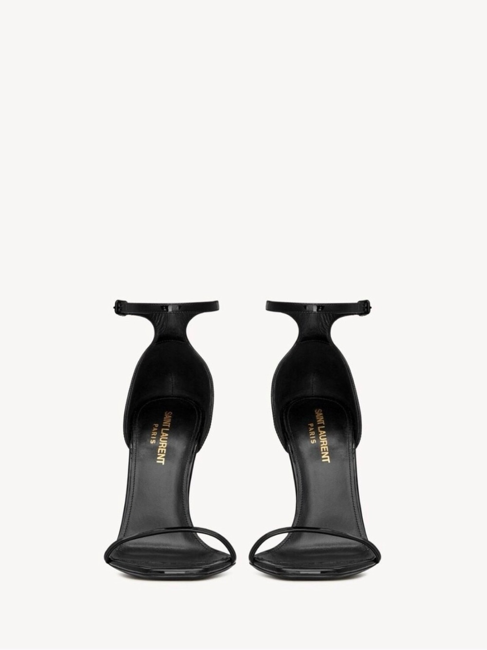 Saint Laurent Black Patent Sandal with Gold YSL Logo Heel - Picture 2 of 11